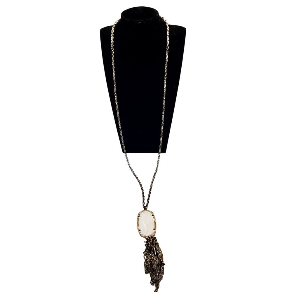 Kendra Scott Rayne White Mother of Pearl 32" Tassel Dangle Necklace Silver Tone